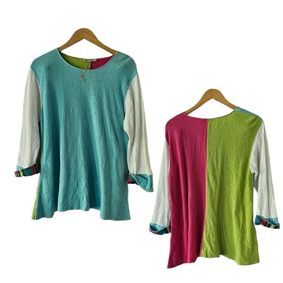 Margaret Winters Sweater Color Block Pockets Pullover Blue Pink Green Large - Picture 1 of 4